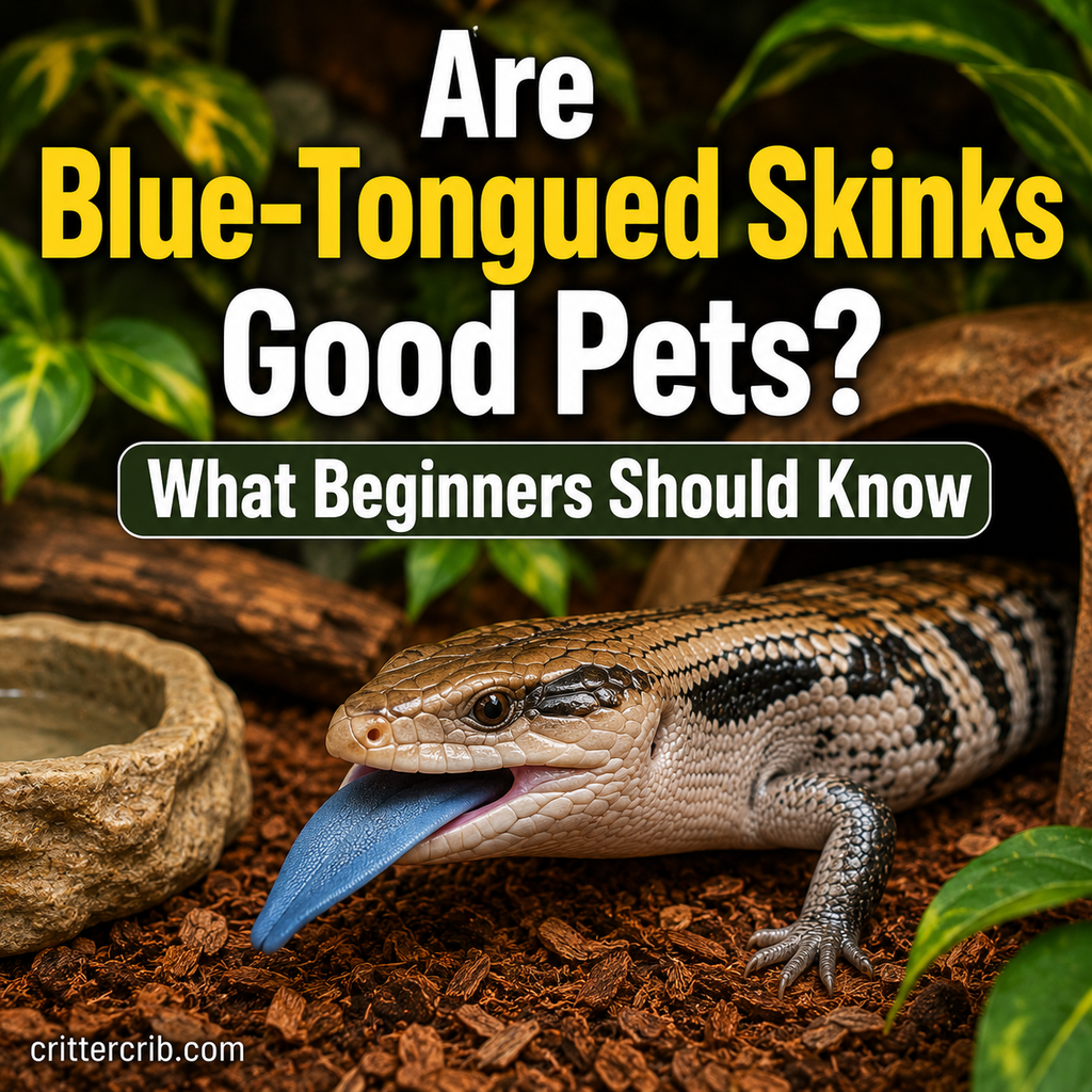 Blue-tongued skink displaying its blue tongue in a naturalistic pet enclosure