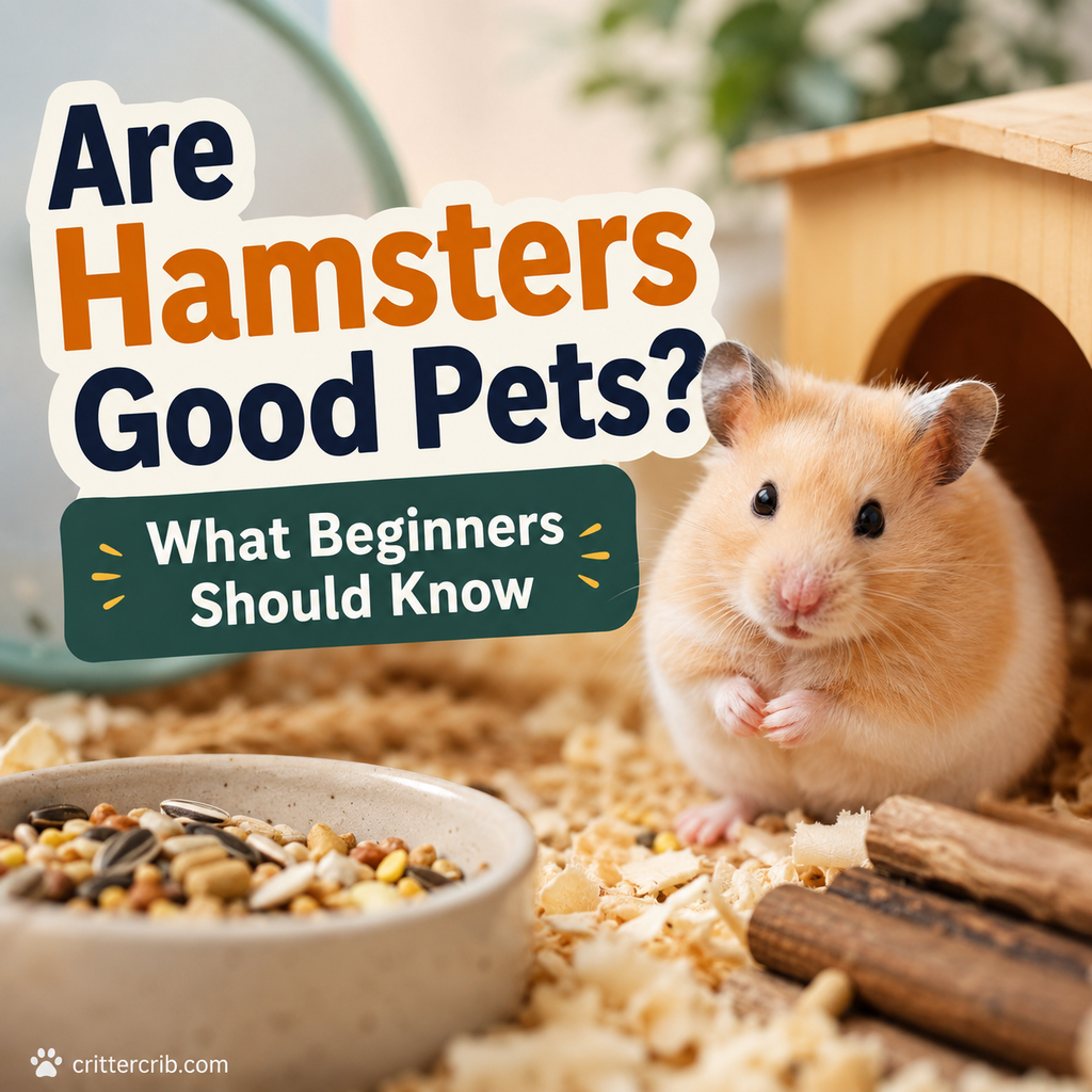 Hamster in a comfortable enclosure with the title Are Hamsters Good Pets? What Beginners Should Know