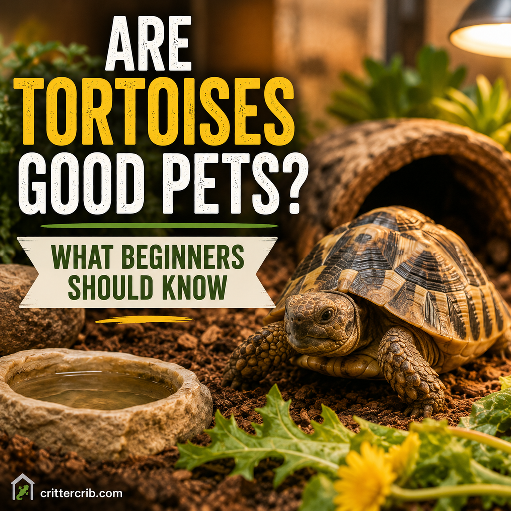 Pet tortoise in a naturalistic enclosure with water, greens, hide, and basking light