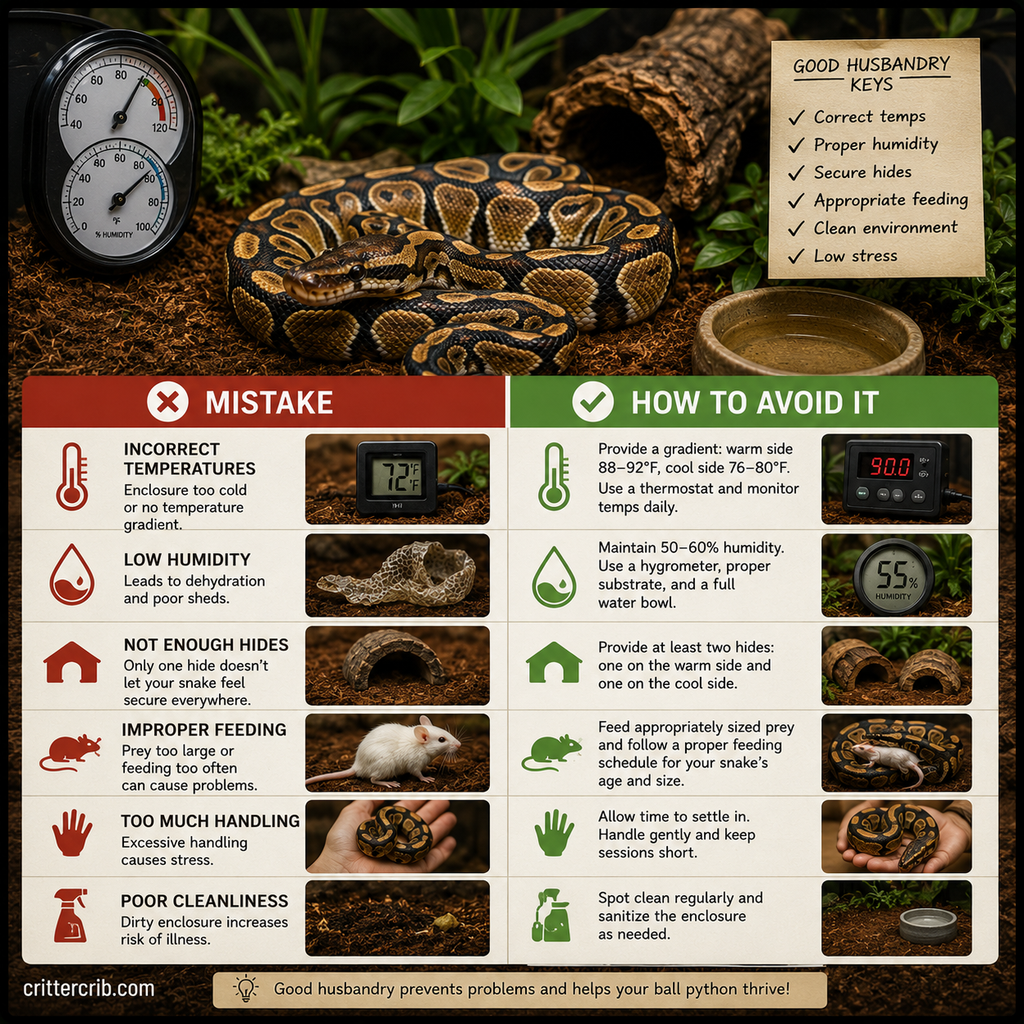 Common ball python care mistakes involving temperature, humidity, hides, feeding, handling, and enclosure cleanliness