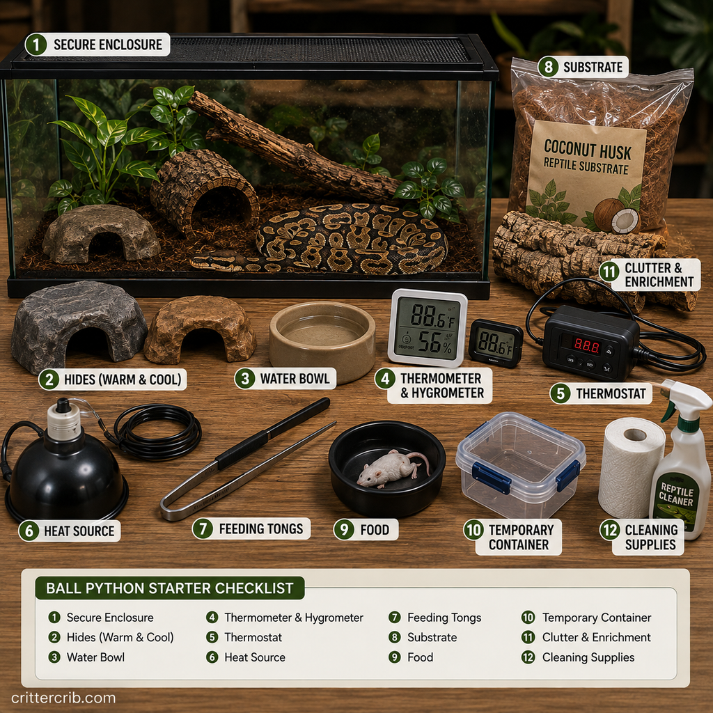 Ball python supplies checklist showing enclosure, hides, water bowl, thermostat, heat source, substrate, feeding tongs, and cleaning supplies