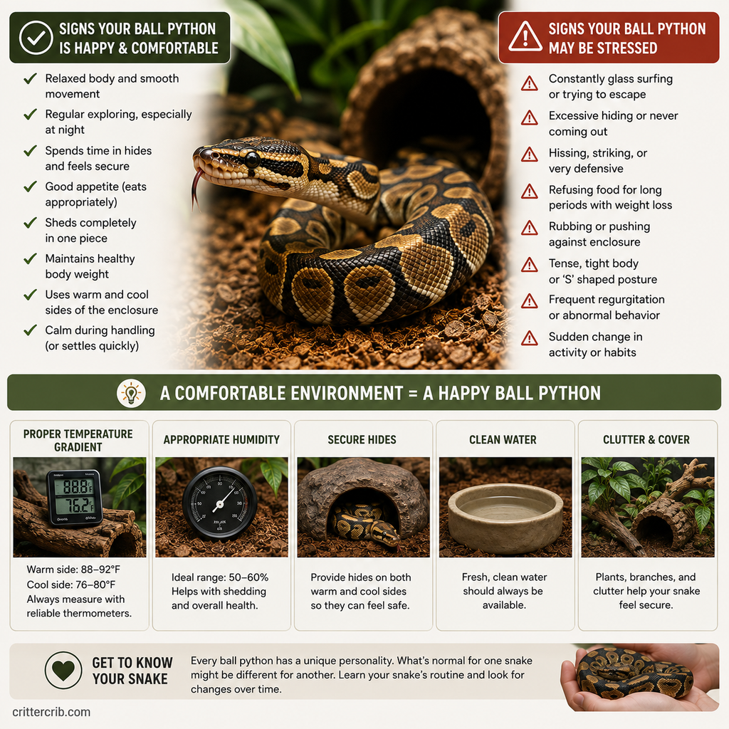 Signs of a happy and comfortable ball python compared with common signs of stress