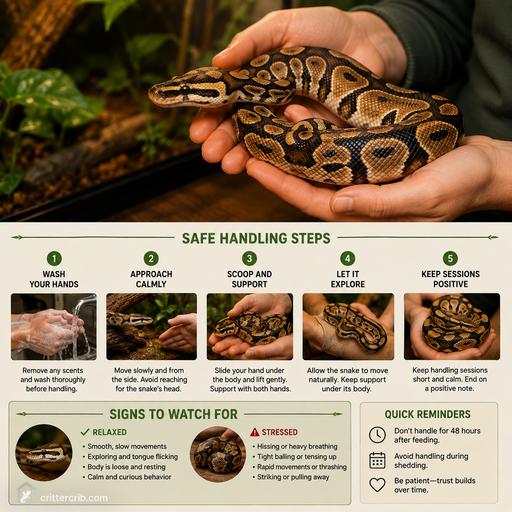 Ball python safely supported in both hands with handling steps and signs of stress