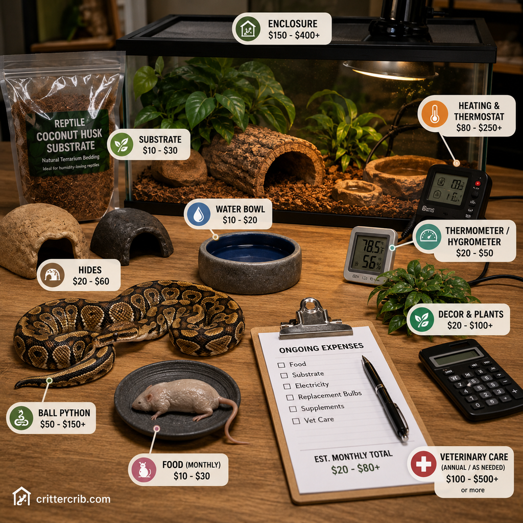 Ball python setup cost guide showing enclosure, heating, substrate, food, lighting, enrichment, and veterinary expenses
