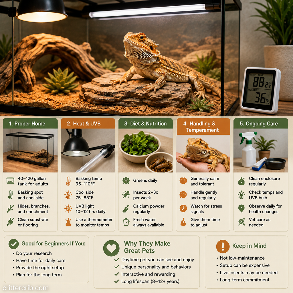 Bearded dragon beginner care guide showing enclosure setup, heat and UVB lighting, diet, handling, and routine care.