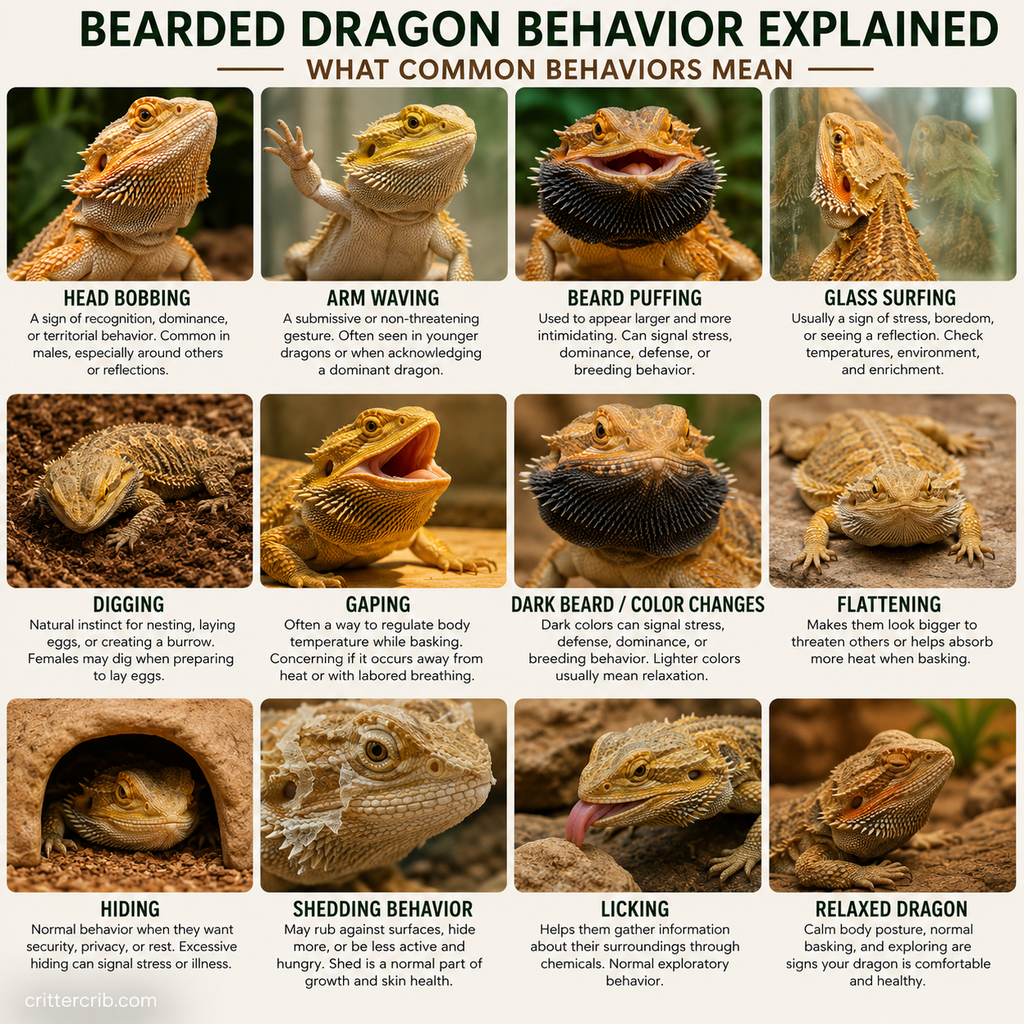 Common bearded dragon behaviors including head bobbing, arm waving, beard puffing, digging, gaping, hiding, and shedding