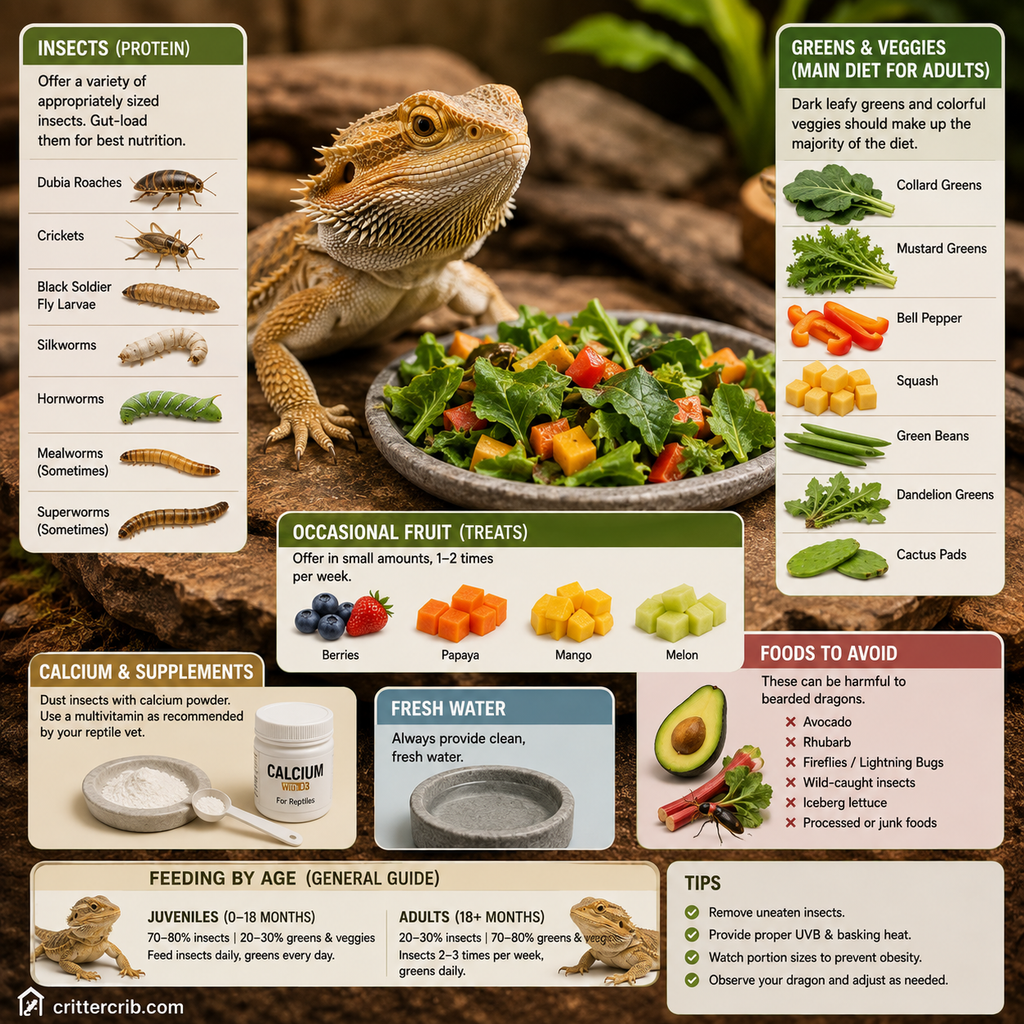 Bearded dragon diet guide showing insects, leafy greens, vegetables, fruit, calcium, and fresh water