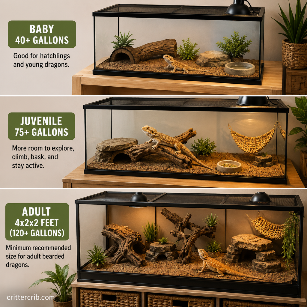 Bearded dragon enclosure sizes for babies, juveniles, and adults