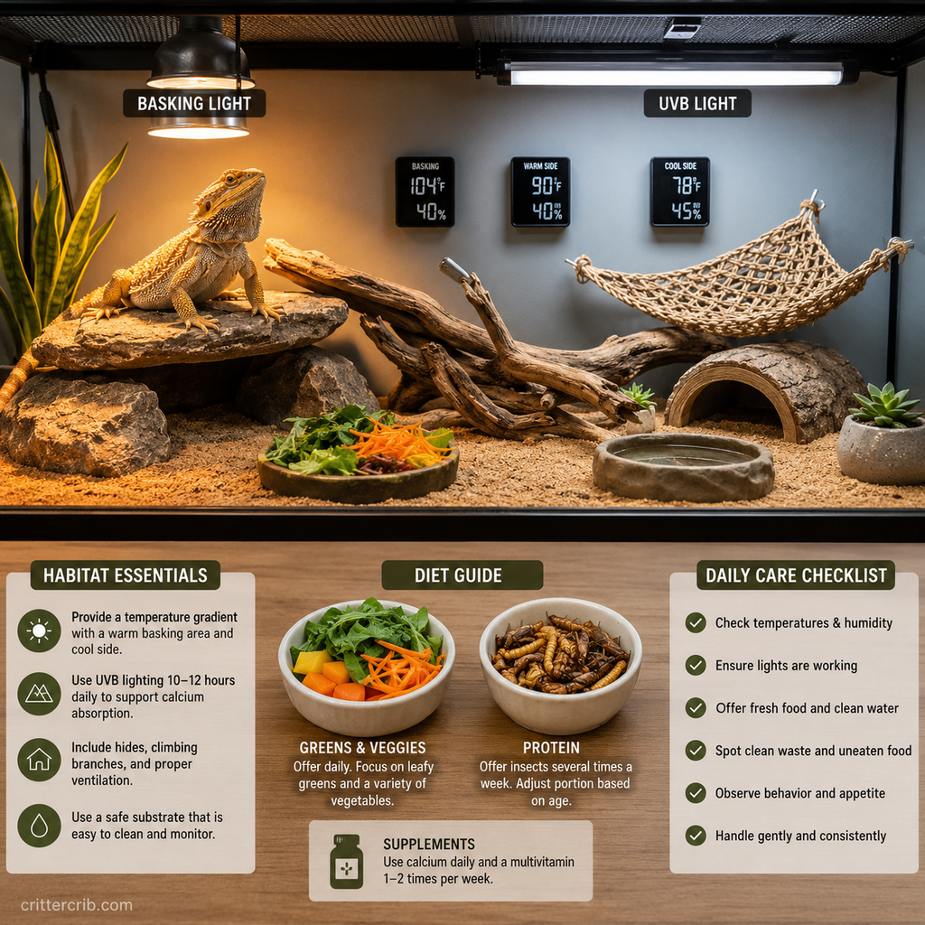 Bearded dragon habitat showing basking light, UVB lighting, diet, and daily care essentials