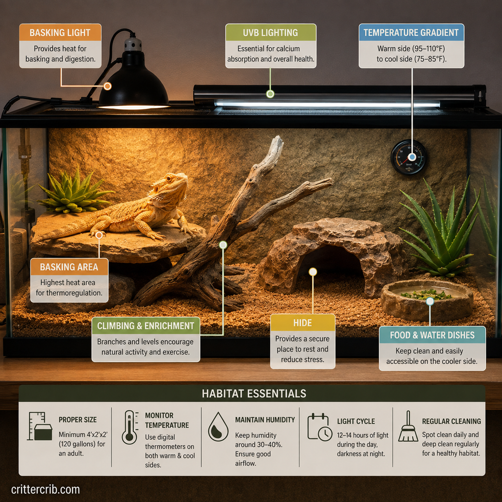 Bearded dragon habitat setup with basking light, UVB lighting, hide, climbing branches, and temperature gradient