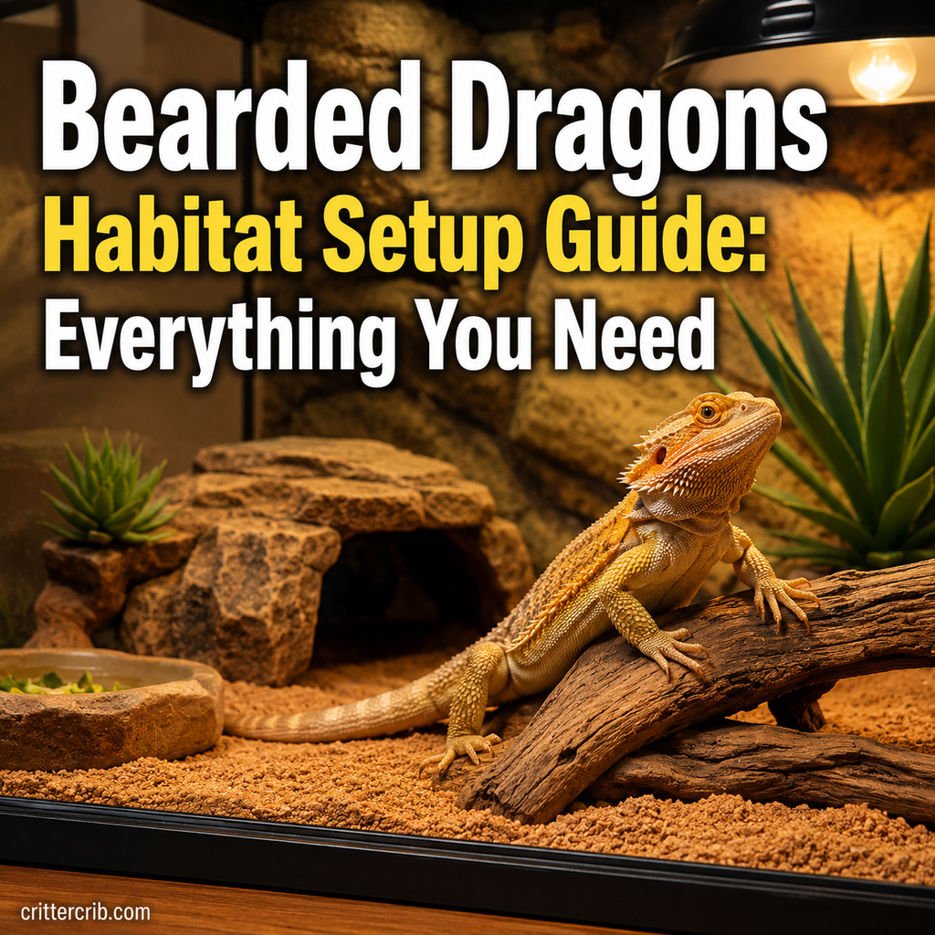 Bearded dragon in a warm terrarium with basking area, hide, branches, and habitat essentials