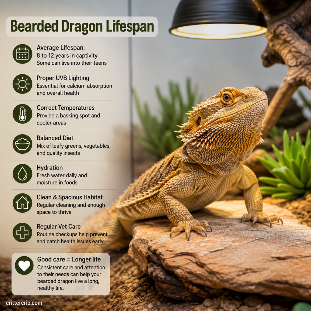 Bearded dragon lifespan and care factors including UVB lighting, temperature, diet, hydration, habitat, and veterinary care