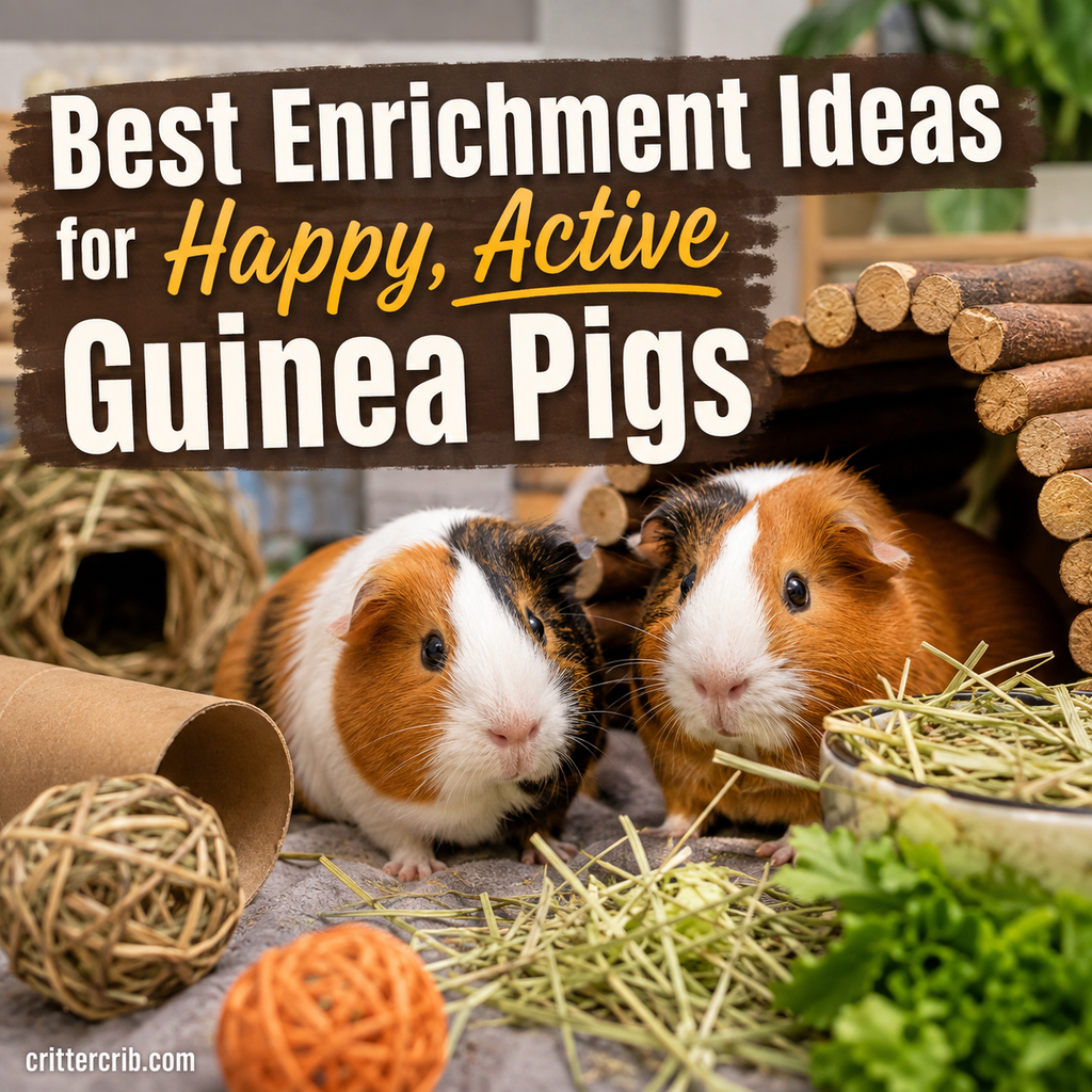 Two guinea pigs enjoying hay, tunnels, hideouts, and toys for enrichment and active play.