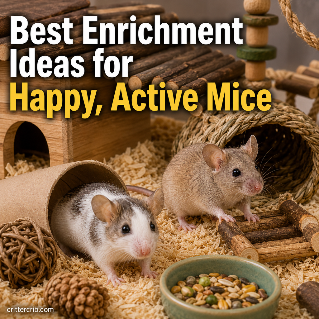Two pet mice exploring tunnels, wooden toys, bedding, and climbing structures