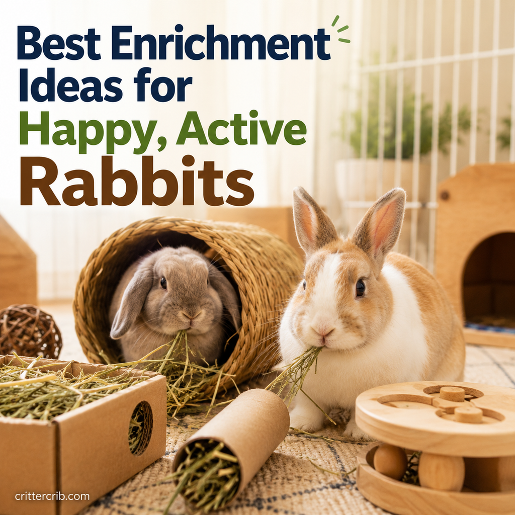 Rabbits enjoying enrichment toys, tunnels, hay, and foraging activities