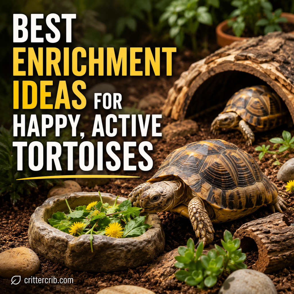 Tortoises exploring an enriched habitat with plants, hides, natural substrate, and leafy greens