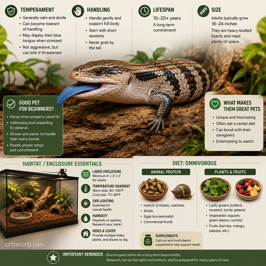 Blue-tongued skink beginner care guide showing temperament, handling, habitat, diet, size, and lifespan