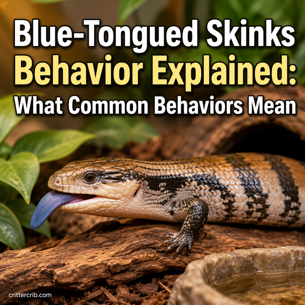 Blue-tongued skink displaying its blue tongue in a naturalistic terrarium.
