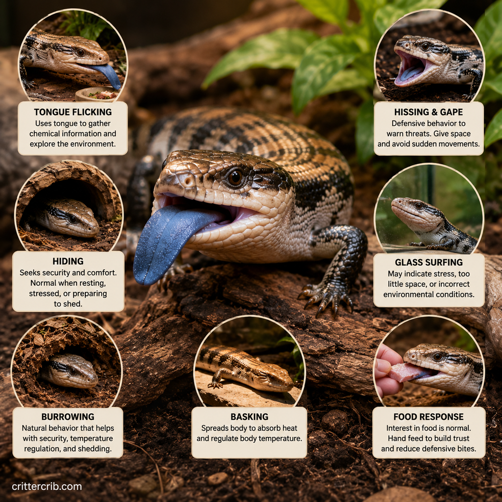 Blue-tongued skink behavior guide showing tongue flicking, hiding, burrowing, hissing, glass surfing, basking, and feeding responses.