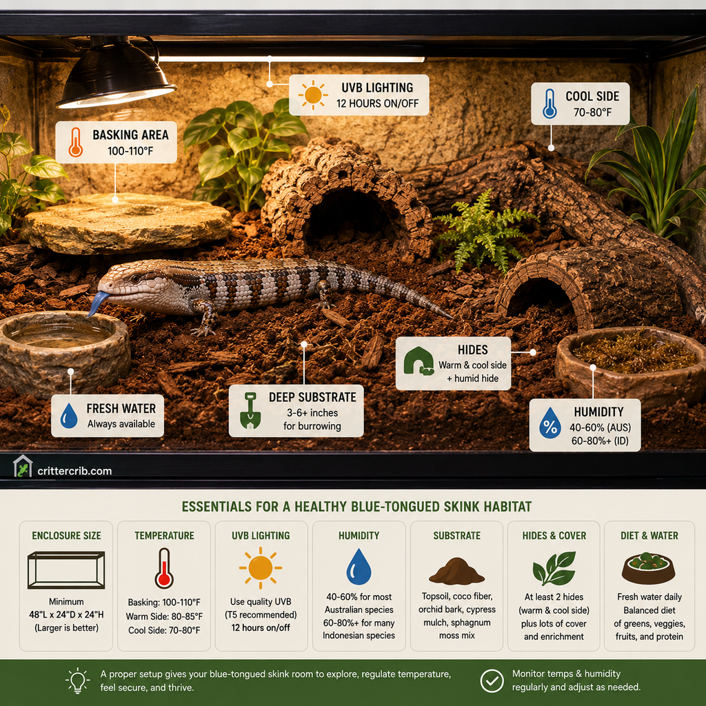 Blue-tongued skink enclosure showing basking area, UVB lighting, hides, deep substrate, water, and humidity