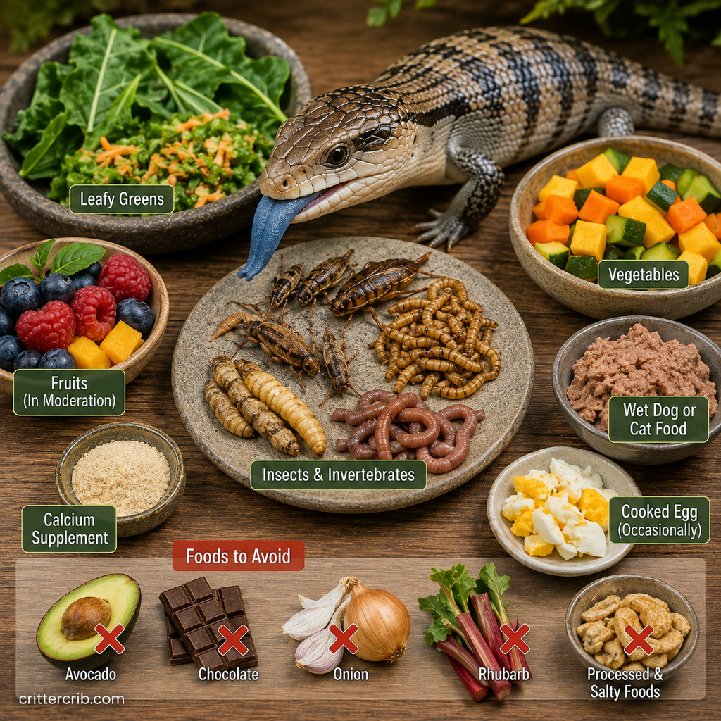 Blue-tongued skink feeding guide showing leafy greens, vegetables, insects, fruit, egg, supplements, and foods to avoid