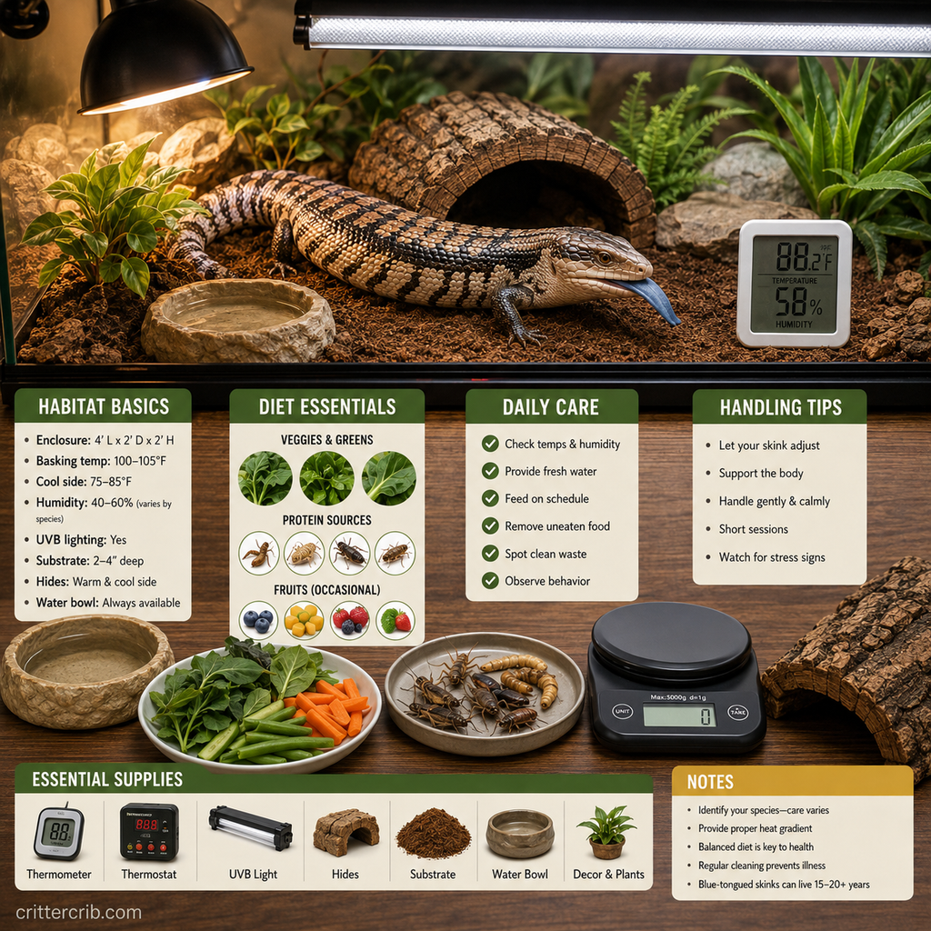 Blue-tongued skink care showing habitat setup, UVB lighting, temperature, diet, humidity, and daily care essentials