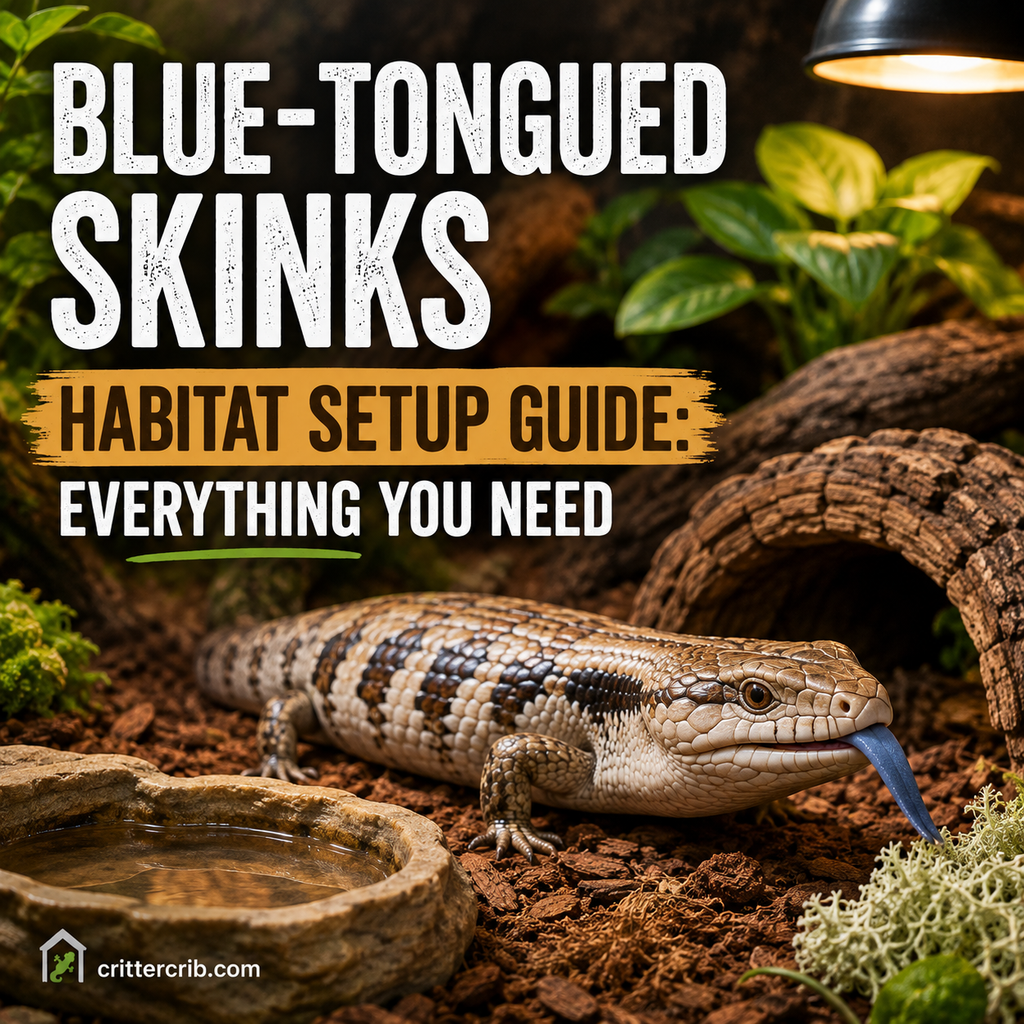 Blue-tongued skink in a naturalistic habitat with substrate, hide, plants, water, and basking light