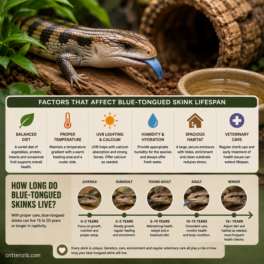 Blue-tongued skink lifespan factors including diet, temperature, UVB lighting, humidity, habitat, and veterinary care
