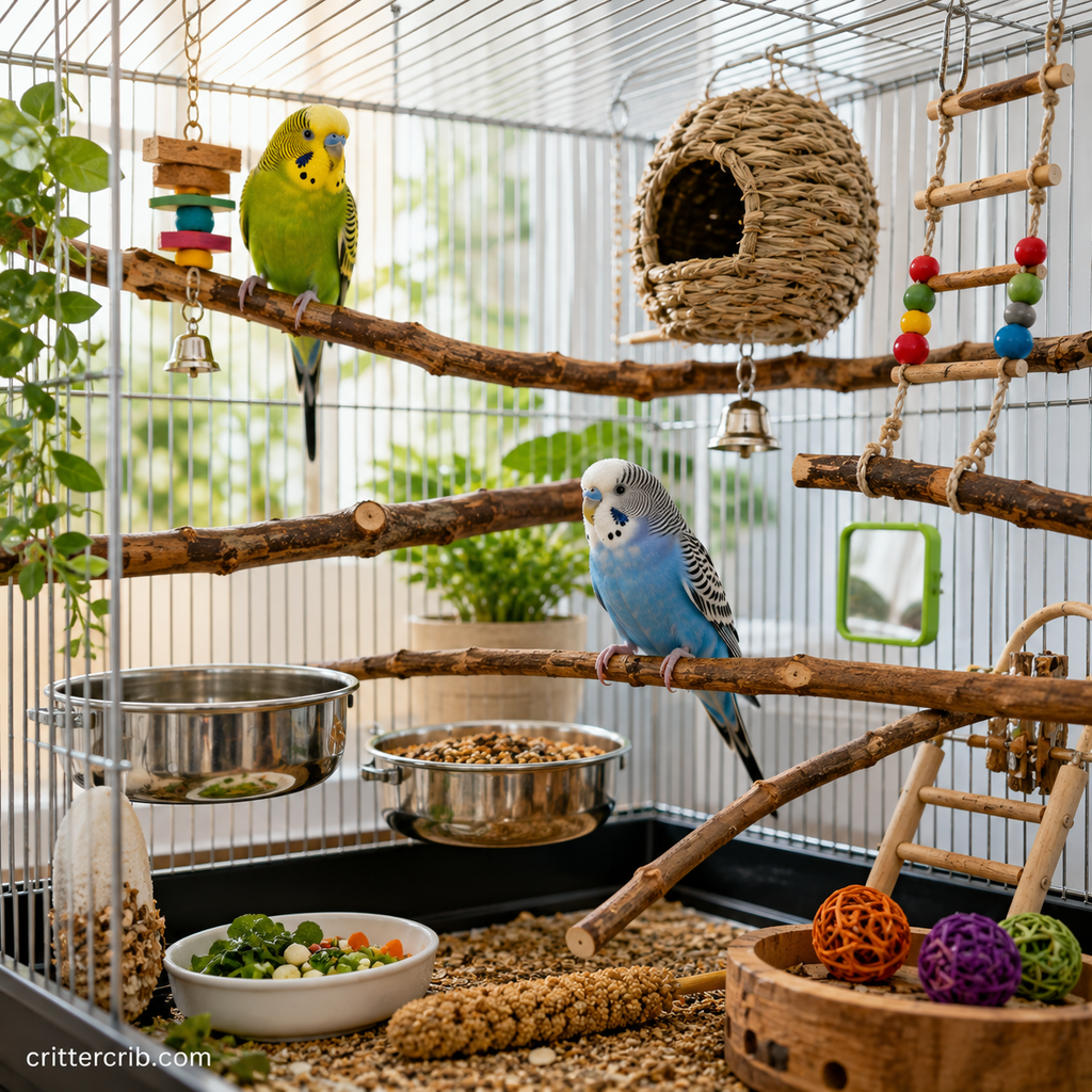 Two budgies in a spacious habitat with natural wood perches, food bowls, climbing accessories, and enrichment toys.