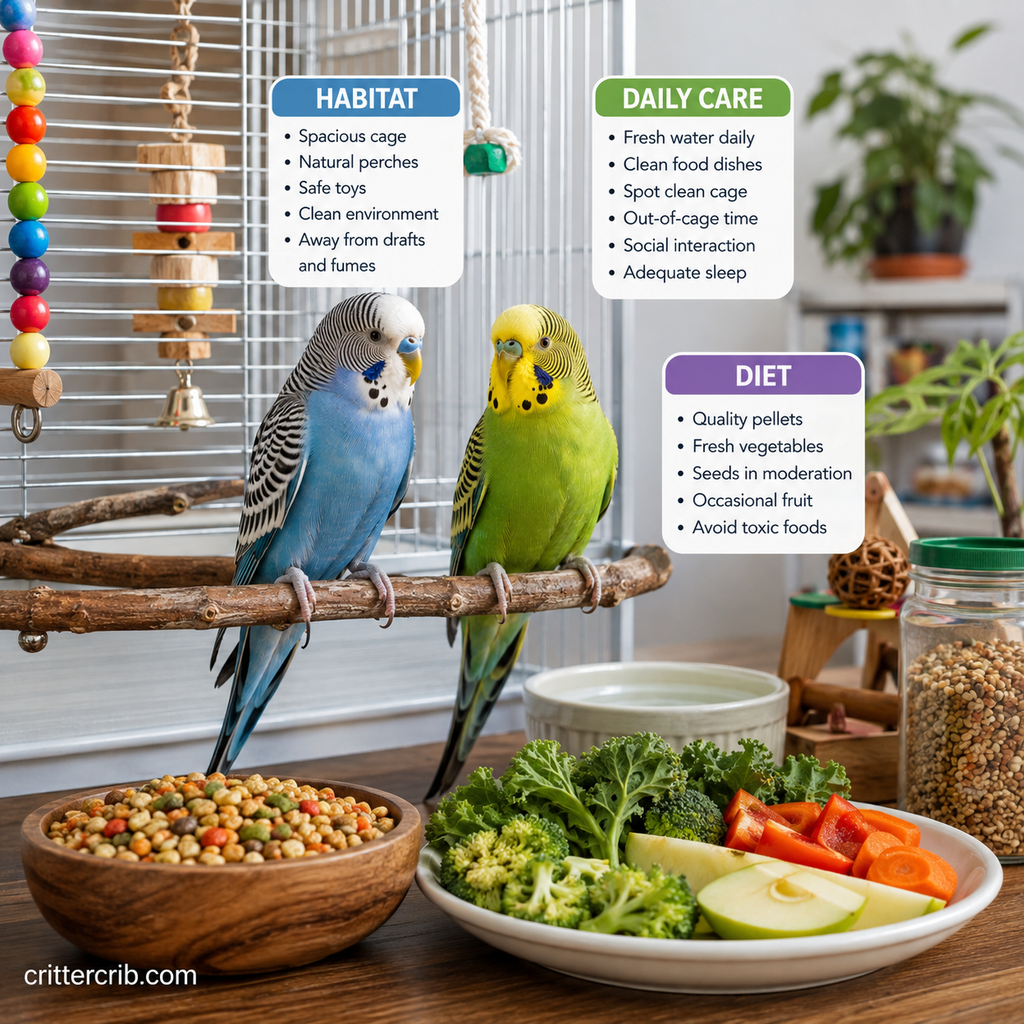Two budgies with a healthy diet, natural perches, toys, and proper cage setup