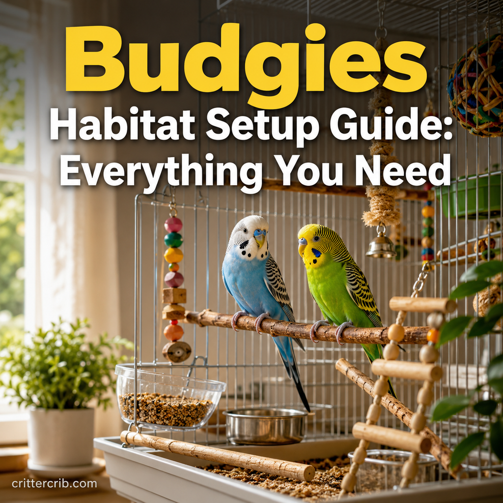 Two budgies in a spacious cage with natural perches, toys, food, and water for a proper budgie habitat setup.