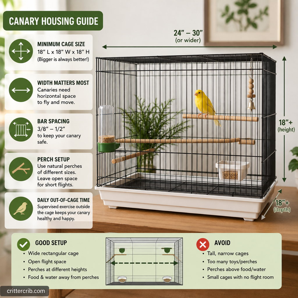 Canary in a wide rectangular cage with natural perches and open flight space