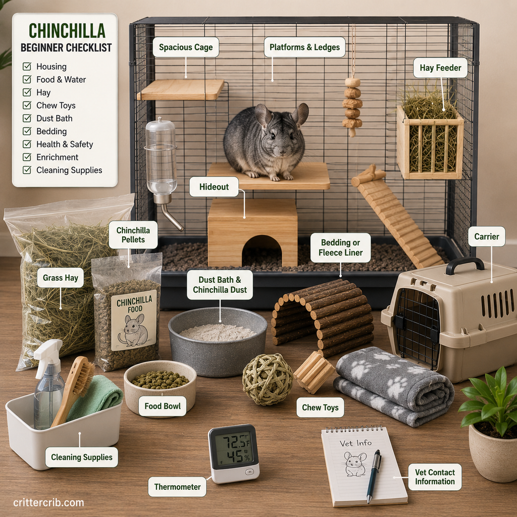 Chinchilla essential supplies including a spacious cage, hay, pellets, dust bath, chew toys, carrier, bedding, and thermometer