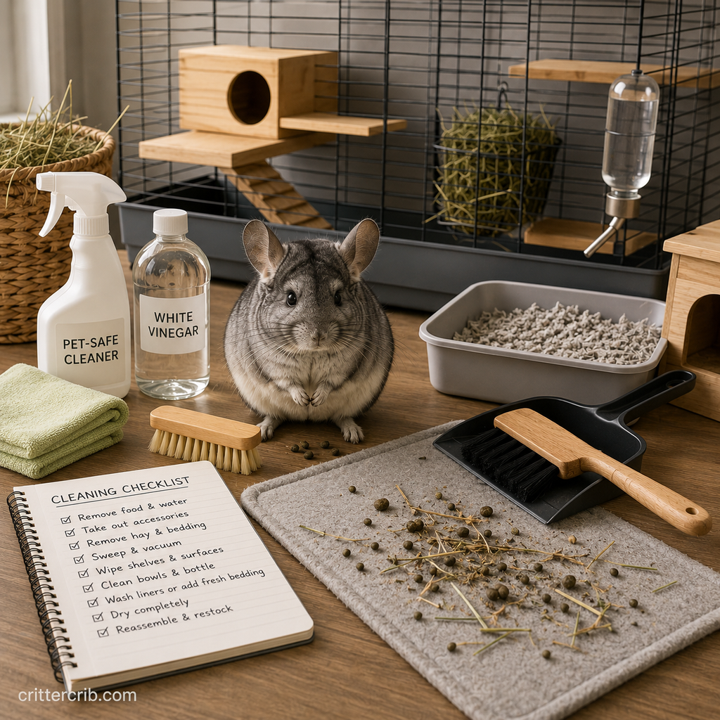 Chinchilla habitat cleaning setup with fresh bedding, cleaning supplies, brushes, hay, and cage accessories.