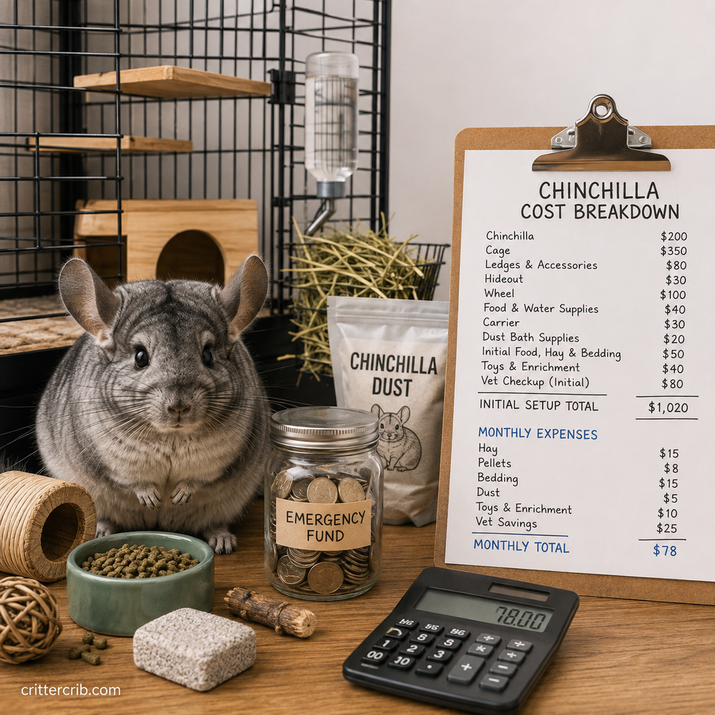 Chinchilla with cage supplies and a breakdown of setup and monthly ownership costs