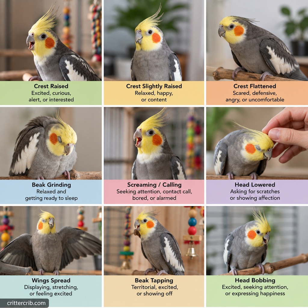 Cockatiel body language showing raised and flattened crests, head bobbing, wing spreading, beak grinding, and calling