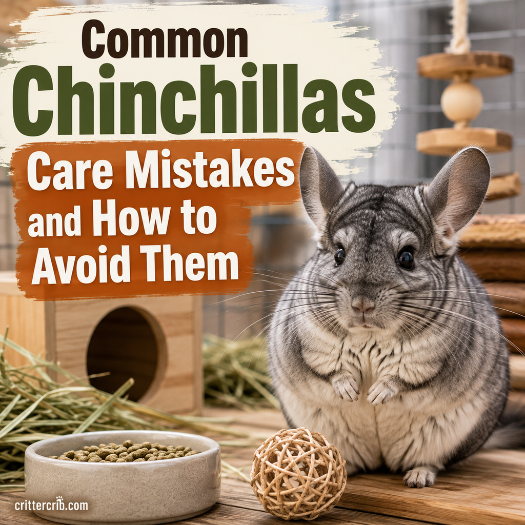 Chinchilla in a pet enclosure with hay, pellets, hideout, and enrichment toys for proper care.