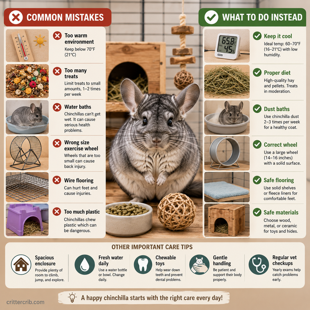 Chinchilla care guide showing common mistakes with temperature, diet, bathing, flooring, exercise wheels, and cage materials.