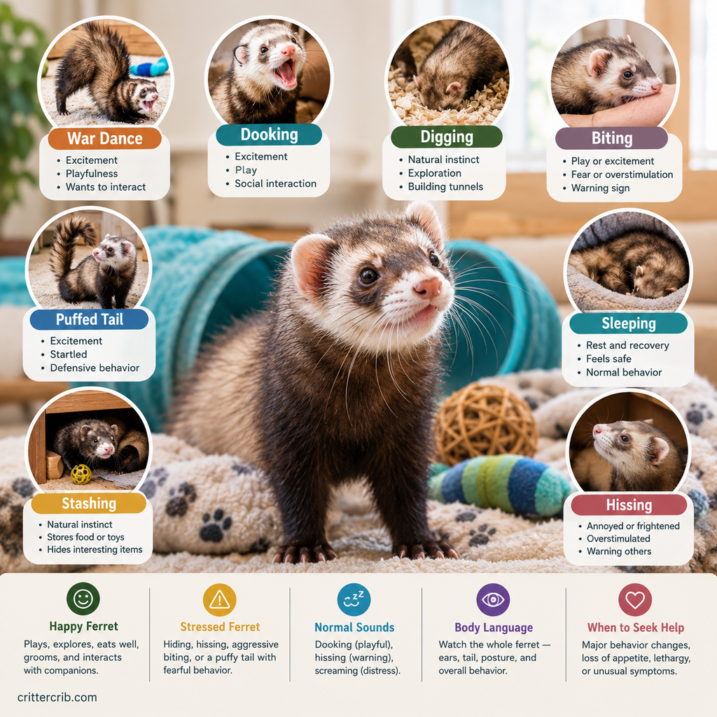Common ferret behaviors including war dancing, dooking, digging, biting, tail puffing, sleeping, stashing, and hissing