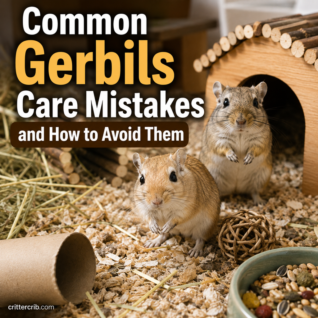 Two gerbils in a habitat with deep bedding, hay, chew toys, and a wooden hideout