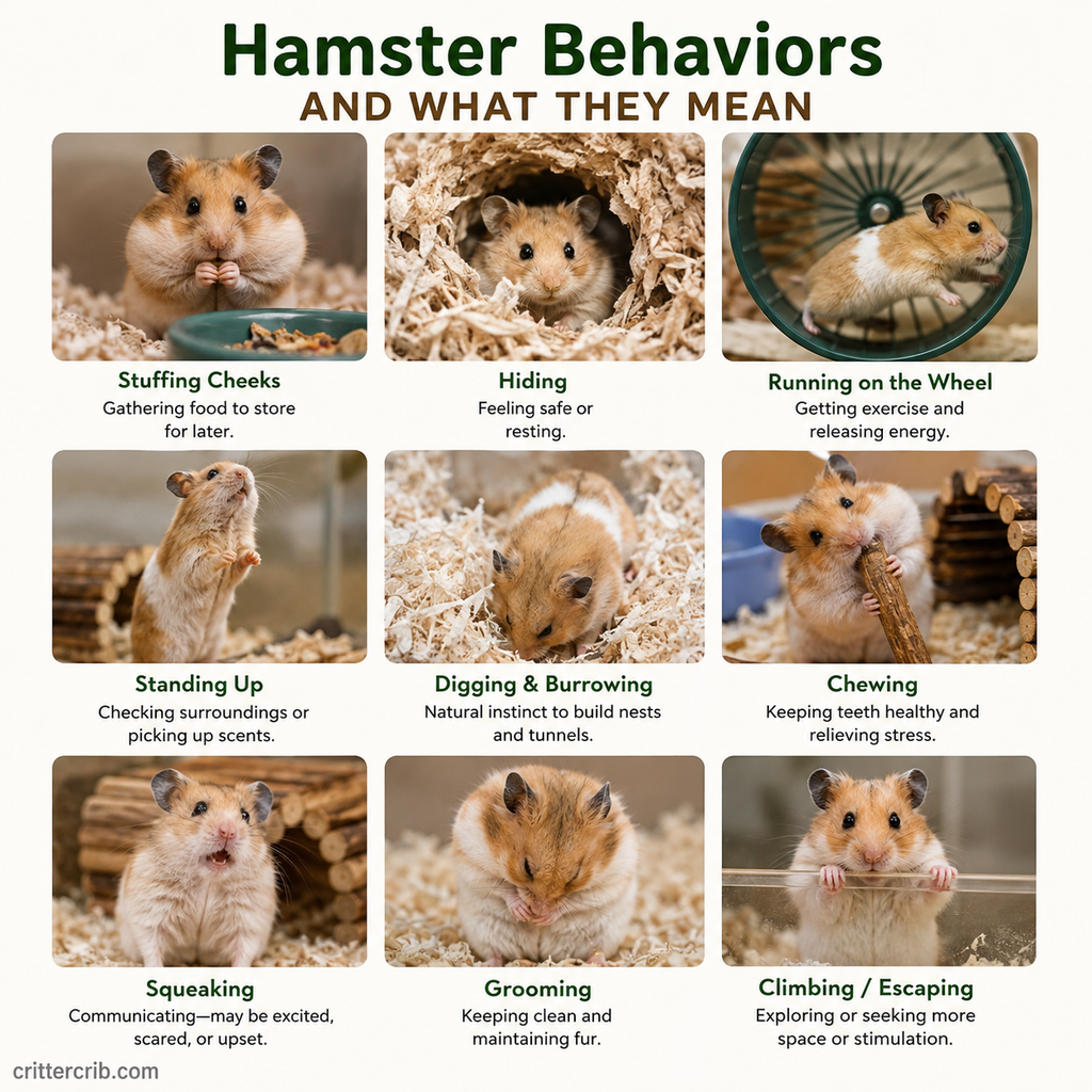 Common hamster behaviors including burrowing, cheek stuffing, grooming, running, chewing, hiding, and climbing