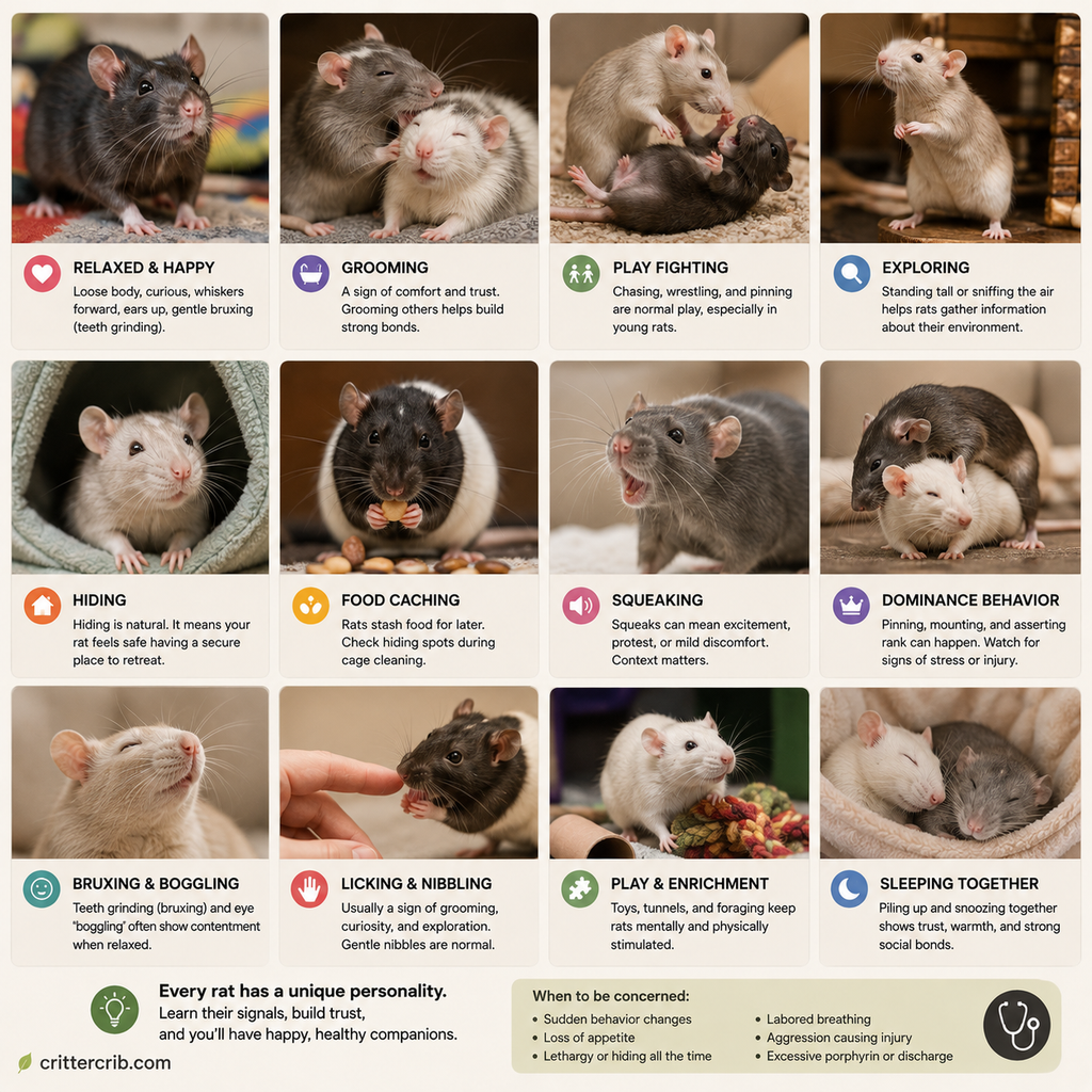 Pet rats displaying common behaviors including grooming, playing, exploring, hiding, foraging, bruxing, and sleeping together.