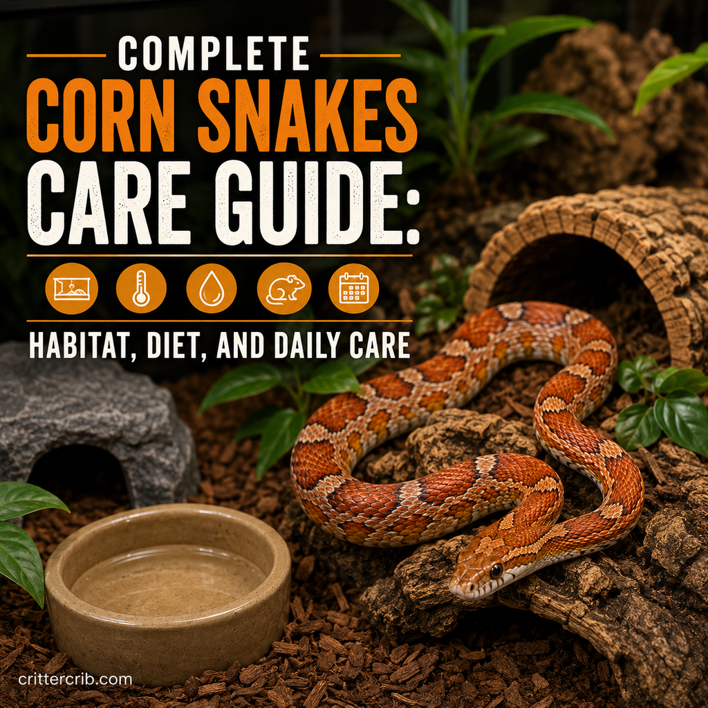 Corn snake in a naturalistic habitat with hides, substrate, plants, climbing areas, and a water bowl