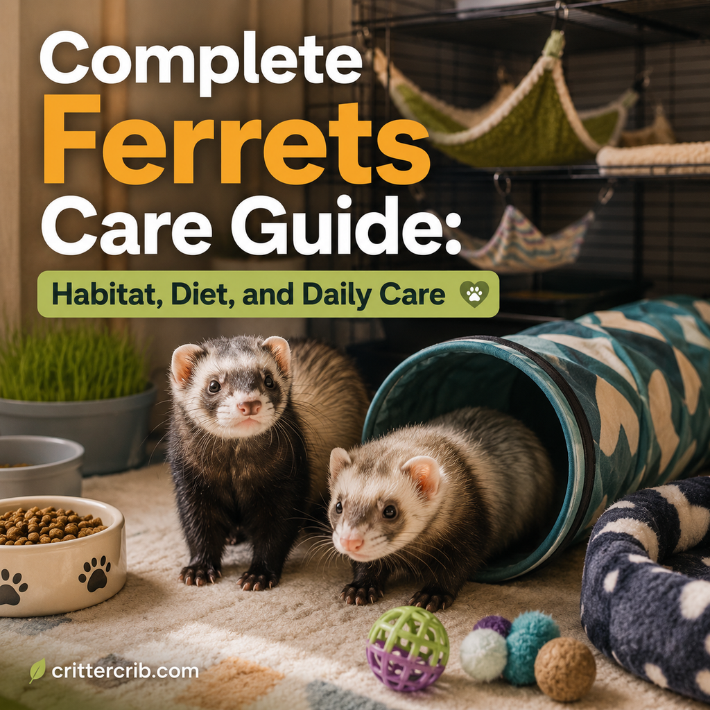 Two ferrets in a comfortable indoor habitat with tunnels, bedding, food, toys, and hammocks.