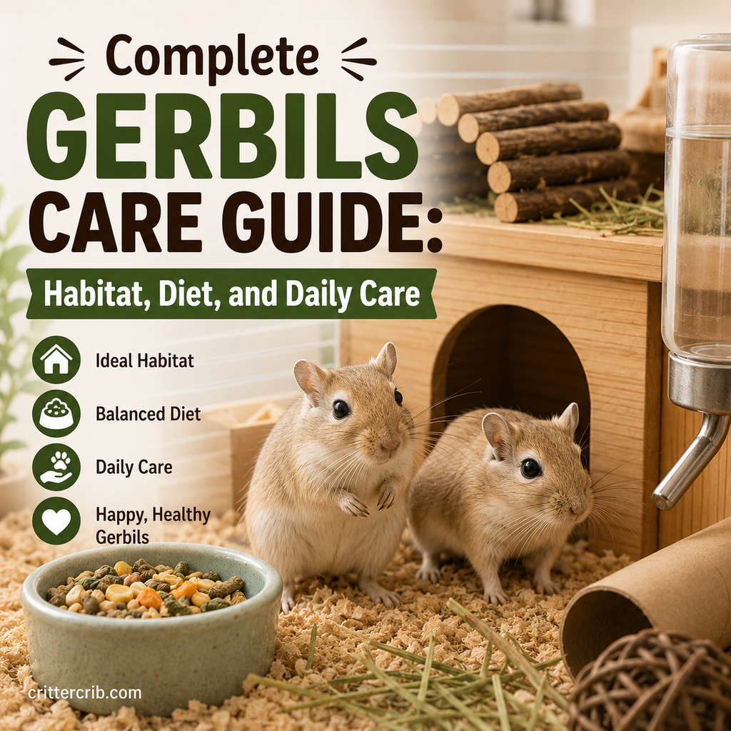 Two gerbils in a natural habitat with bedding, food, water, hideout, and enrichment for proper daily care
