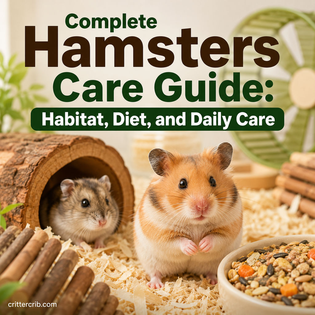Hamsters in a comfortable habitat with bedding, food, hideout, and exercise wheel.