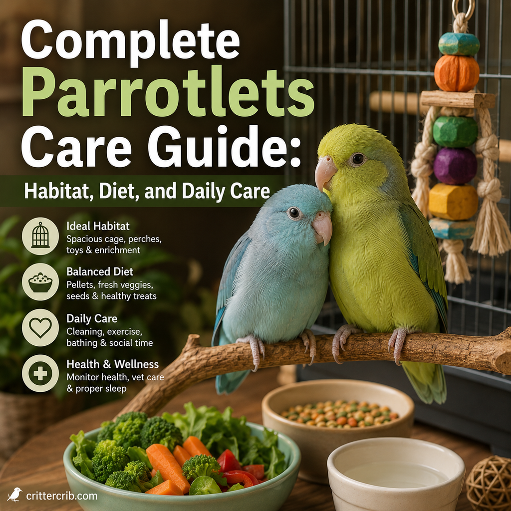 Blue and green parrotlets perched beside fresh vegetables, food, water, and an enriched bird cage