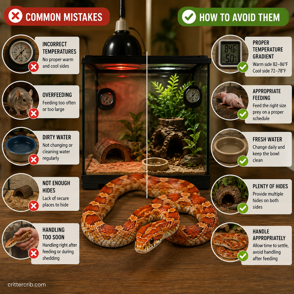 Common corn snake care mistakes compared with proper temperature, feeding, water, hiding places, and handling