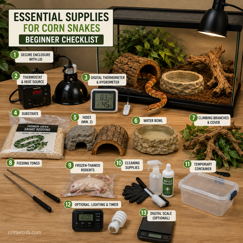 Corn snake essential supplies checklist with enclosure, heating, thermostat, hides, substrate, water bowl, branches, and feeding equipment