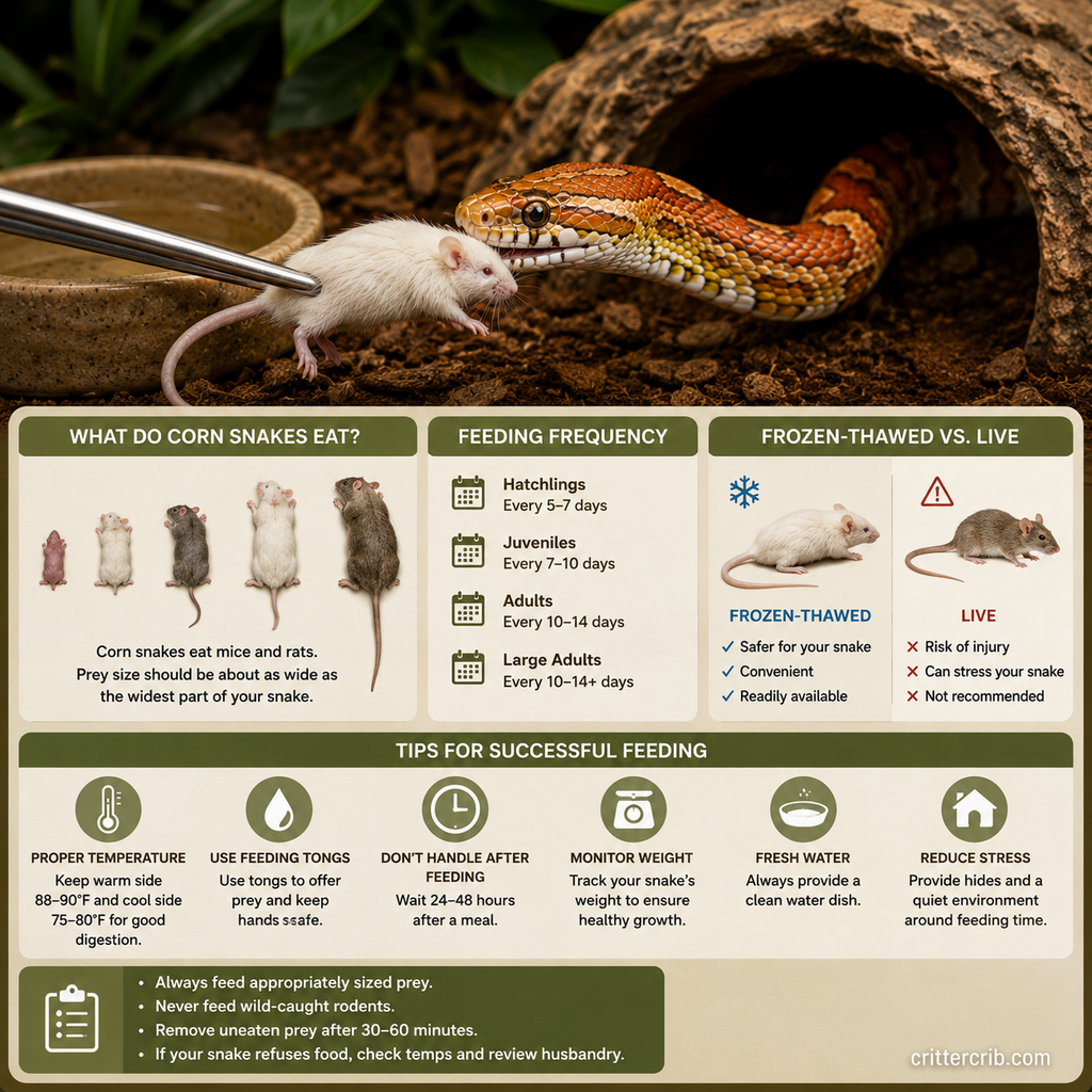 Corn snake feeding guide showing appropriate prey sizes, feeding frequency, and frozen-thawed versus live rodents